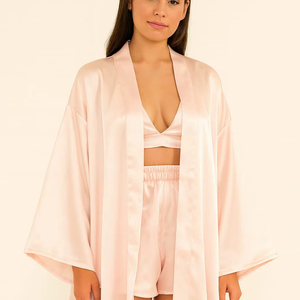 Conjunto de Lencería de Tres Piezas para Mujer, Elegante y Sexy, de Satén Suave y Transpirable, con Camisón de Manga Corta/Larga, Túnica, Sujetador y Braguita - Product Image 1