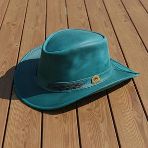 หมวกคาวบอยหนังแท้สีเขียวอมฟ้า ทำมือ สไตล์เวสเทิร์น สตีมพังก์ สำหรับงานเทศกาล ขายส่ง ราคาไม่แพง - Product Image 3