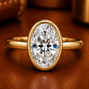 Minimalist Bezel Solitaire Oval Lab Grown Diamond 1.0ct/2.0ct/3.0ct 14K Yellow Gold DEF-VVS Rhodium Plated Engagement <b>Ring</b> IGI - Product Image 1