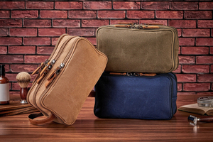 Custom Logo Double Zipper Canvas Leather Toiletry Bag Vintage Travel Wash Pouch Wholesale Shaving Dopp Kit <b>Case</b> LCTB-0019 - Product Image 4