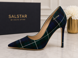 Escarpins à talons aiguilles bleus personnalisés pour femmes, motif tartan écossais, bout pointu, chaussures de mariage, fabrication OEM - Product Image 1
