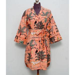 Camisa kimono de algodón hecha a mano con estampado de bloques, cuello en V, de secado rápido, manga larga, con estampado de animales/flora, para damas de honor. - Product Image 1