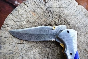 Navaja Plegable con Resorte, Hoja de Acero de Damasco, Navaja Táctica de Bolsillo para Camping con Clip para Cinturón, Herramienta EDC para Caza al Aire Libre - Product Image 6