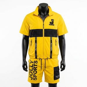 Conjunto Corto de Chaqueta y Pantalones Cortos Cortavientos para Hombre, en Poliéster Taslon Amarillo de 120 GSM, con Paneles en Contraste y Logotipo Personalizado - Product Image 3