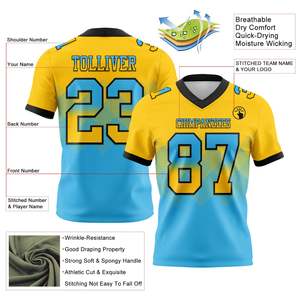 Camiseta de Fútbol Americano Premium con Degradado Amarillo y Azul, Cuello en V, Manga Corta, Absorbe la Humedad, Impresión Sublimada, Nombre del Equipo Personalizable - Product Image 2