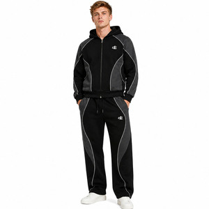 Sudadera con capucha oversize de corte regular con paneles en contraste y cremallera, pantalones de chándal de algodón de felpa de pierna recta personalizados, ropa deportiva casual Y2K - Product Image 1