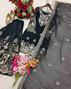 Ensemble haut, pantalon palazzo et dupatta en georgette à broderie RICH LOOK et travail de sequins de 5 mm, noir 83308 - Product Image 4