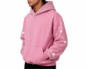 Sudadera con Capucha de Lujo con Logotipo de Diamantes de Imitación, Estilo Urbano, Oversize, de Algodón Pesado y Poliéster, Manga Larga, Rosa Brillante, para Hombre y Mujer, OEM/ODM - Product Image 2