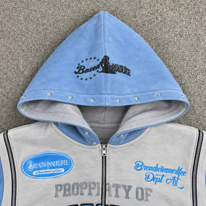 Nouvelle Arrivée Streetwear Personnalisé Style Y2K Broderie Design 100% Coton Molletonné Sweat à Capuche Épaules Tombantes Coupe Boxy Courte Homme Strass - Product Image 3