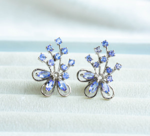 Pendientes de Plata de Ley 925 con Tanzanita Natural Azure Meadow, Diseño Floral en Racimo Marquise - Product Image 1
