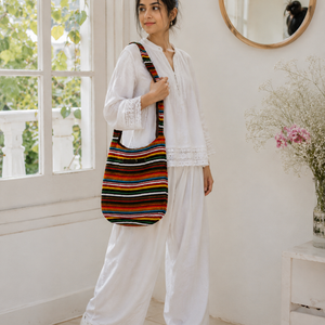 Sac bandoulière unisexe en coton style hippie, sac à bandoulière rond en paille fait main |   Sac de plage décontracté de style bohème pour les voyages et les festivals - Product Image 3
