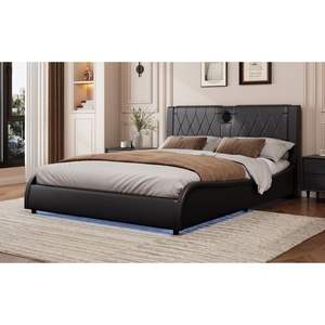 Stile King-Size, lussuoso, letto con plateau in ecopelle, addensato, testiera LED LED, altoparlanti Bluetooth, senza bisogno di una molla a scatola - Product Image 6