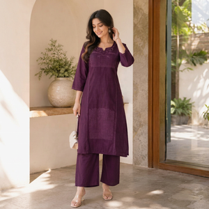 Women Purple Dhabu Cotton <b>Kurti</b> Pant Set With Embroidery Work Casual Wear Loose Fit Ankle Length <b>Indian</b> Pakistani Style - Product Image 1