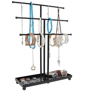 Modern Black Jewelry Display Stand with Adjustable Bars and Tray for Necklaces Bracelets <b>Watches</b> Rings Organized Storage Rack - Product Image 4