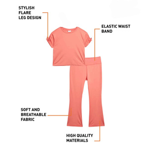 Women's Coral Two Piece Yoga Set Crop <b>Top</b> With Ruched Sleeves High Waist Flare Pants Stretchable Fabric Breathable Solid Color - Product Image 2