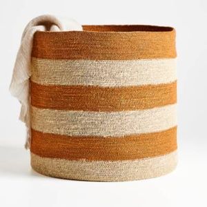 Cesta de Almacenamiento Redonda de Mimbre Tejido Estilo Bohemio con Rayas Blancas para Sala de Estar, Cesto de Lavandería, Organizador - Product Image 3