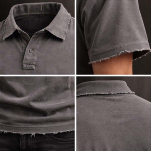 เสื้อโปโลผู้ชายแบบดิสเทรส ผ้าฝ้ายสีเทาฟอก ขอบดิบ สไตล์สตรีทแวร์ แขนสั้น เสื้อยืดลำลอง - Product Image 6