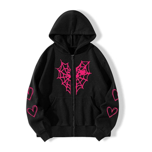 Sweat-shirt à capuche noir avec fermeture éclair, imprimé toile d'araignée rose et cœur, unisexe, coupe décontractée, style automne - Product Image 1