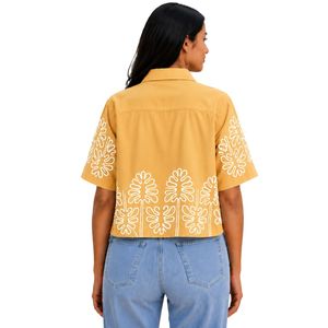 เสื้อเชิ้ตผู้หญิงสีเหลืองมัสตาร์ดปักลายดอกไม้สีขาวแขนสั้นลำลองฤดูร้อนเสื้อผ้าฝ้ายแฟชั่นดีไซเนอร์ท็อป - Product Image 2