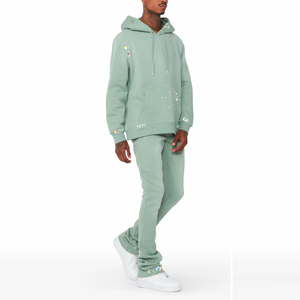 Ensemble de survêtement décontracté pour homme en polaire polyester vert clair à capuche 220g, couleur unie, séchage rapide, longueur intégrale, collection automne - Product Image 3