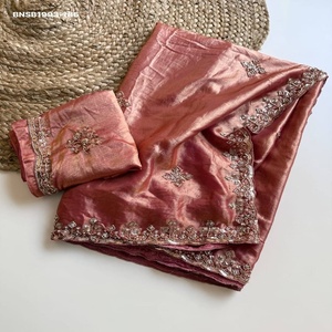Ocassional wear Space Silk with Gold <b>Beads</b> & Cutdana Hand work Butta & Border Saree-Matching work Blouse Set Indian Exporter - Product Image 1