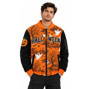 <b>Men's</b> Halloween <b>Sherpa</b> <b>Fleece</b> Bomber Jacket Orange Black Ghost Pumpkin Print Zipper Stand Collar Casual Autumn Warm Coat - Product Image 2