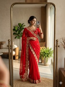 Sari Fendy en satin de luxe avec bordure, motif Royal Butti Aarco, élégant travail Jhal, bordure lourde à sequins, pour fêtes et réceptions de mariage, tenue traditionnelle - Product Image 3