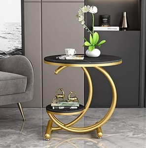 Two-Layer Curved <b>Side</b> Coffee <b>Table</b> with Marble Top and Metal Frame for Living Room - Product Image 1