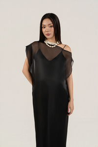 Summer Woven Silk Midi Dress, Asymmetrical Stripes, Crew Neck, Regular Sleeve, Loose Straight Fit, Casual Button Style - Product Image 3