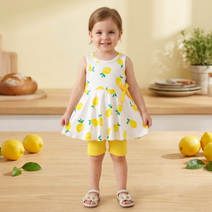 Ensemble robe sans manches et short jaune à imprimé citron pour filles, tenue d'été mignonne, tissu respirant en polyester et coton, Bangladesh - Product Image 3
