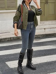 Chaqueta Bomber Verde Oliva para Mujer, Color Sólido, Ribete en Contraste, Cierre de Botones, Estilo Deportivo, Ropa Casual de Otoño - Product Image 3