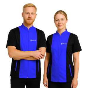 Chaqueta de Trabajo Unisex de Manga Corta FLAMIA JAZZ, Azul Claro y Negro, Algodón Ecológico, Estilo Moderno, Diseño Práctico, Uso Personal - Product Image 1