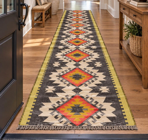 Southwestern Charcoal Cream Mustard Red Wool Jute <b>Runner</b> <b>Rug</b> Handwoven Geometric Kilim Boho Farmhouse Hallway Long <b>Runner</b> - Product Image 1