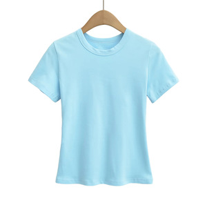 Women's Summer Solid Eco-Friendly Slim Fit Round Neck Short-Sleeved Breathable Knitted Hip Hop Workout <b>T</b>-<b>Shirt</b> - Product Image 3