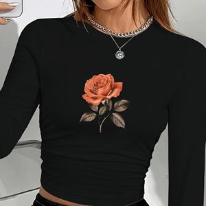 Camisa de manga larga de moda para mujer con tela de punto estilo Y2K con estampado de rosas naranjas detalladas - Product Image 4