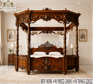 Lit à baldaquin à quatre poteaux de style victorien noir et or, ensemble de chambre à coucher baroque royal noir et or, chambre à coucher antique en cuir capitonné sculpté, USA - Product Image 2