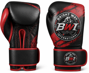 Gants de boxe internationaux Bright Way en PU, anti-humidité, noirs et rouges, à lacets, avec sangle réglable, pour arts martiaux - Product Image 1