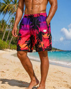 New <b>Men's</b> Tropical Sunset Board Shorts Palm Tree Print Quick Dry Surf <b>Trunks</b> with Tie Waist Beach Swimwear Comfortable Plus Size - Product Image 4