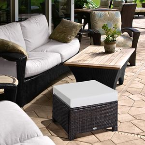 Pouf da esterno in vimini PE marrone scuro con cuscino e struttura in acciaio per patio - Product Image 2