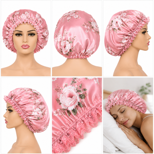 Bonnet de nuit en satin rose à motifs floraux pour femme, ajustable, élastique, pour usage domestique, 54-56 cm, style tendance - Product Image 5