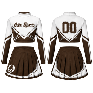 Brown <b>White</b> Sublimated Cheer <b>Long</b> Sleeve Uniform Set Pleated <b>Skirt</b> Athletic Team Sportswear Training Practice Performance Custom - Product Image 1