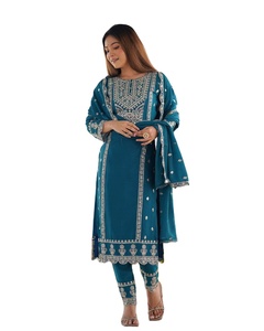 Lahore moda Punjabi estilo Cultural cuello redondo bordado trabajo 3 piezas puntada vestidos adultos para Surat compras en línea - Product Image 1
