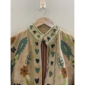Hand Embroidered Velvet Knitted Cotton <b>Jacket</b> Women <b>Mandarin</b> <b>Collar</b> Full Sleeve Floral Pattern Open Front Prairie Winter/Spring - Product Image 3