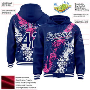 Custom Printed Varsity <b>Jacket</b> <b>Men</b> Plus Size Hooded Navy Pink <b>White</b> Splatter Design Front Back Personalized Name Polyester/Cotton - Product Image 4