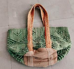 <b>Beaded</b> Geometric Eco-Friendly Jute Tote Bag Women Casual Shoulder Strap Bohemian Beach Open Top Two Handles - Product Image 2