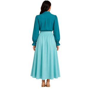 Ensemble chemisier brodé et jupe longue pour femme, bleu sarcelle et bleu piscine, manches longues, boutonnage, taille haute, tenue modeste deux pièces OEM - Product Image 2