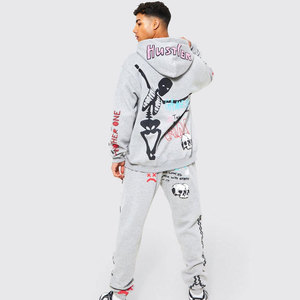 Men's Gray Solid Cartoon <b>Printed</b> Hooded <b>Sweatshirt</b> Jogger Tracksuit Set Full Sleeve Loose Fit Streetwear 100% Cotton Heavyweight - Product Image 2