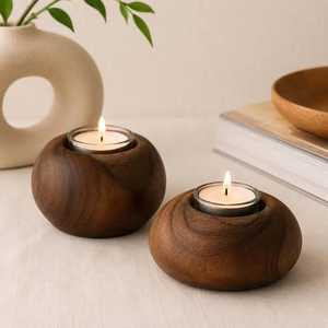 Portavelas de Madera Marrón con Base Redonda en Forma de Bola, Decoración para Mesa, Ecológico - Product Image 1