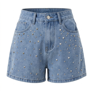 Women High Waist Black Denim Shorts With Rhinestone Rivet <b>Decoration</b> Casual <b>Summer</b> Style - Product Image 4