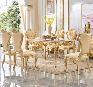 Ensemble de table à manger rectangulaire en teck massif doré de luxe, design antique français, meubles de salle à manger écologiques pour hôtel - Product Image 2